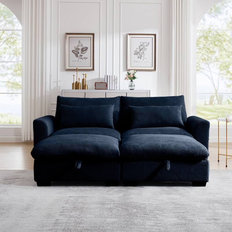 Corduroy Loveseat Sofa Couch with Storage Ottomans, Modern Sectional 2 Seater Sofa with Deep Seat, Pillows for Small Spaces