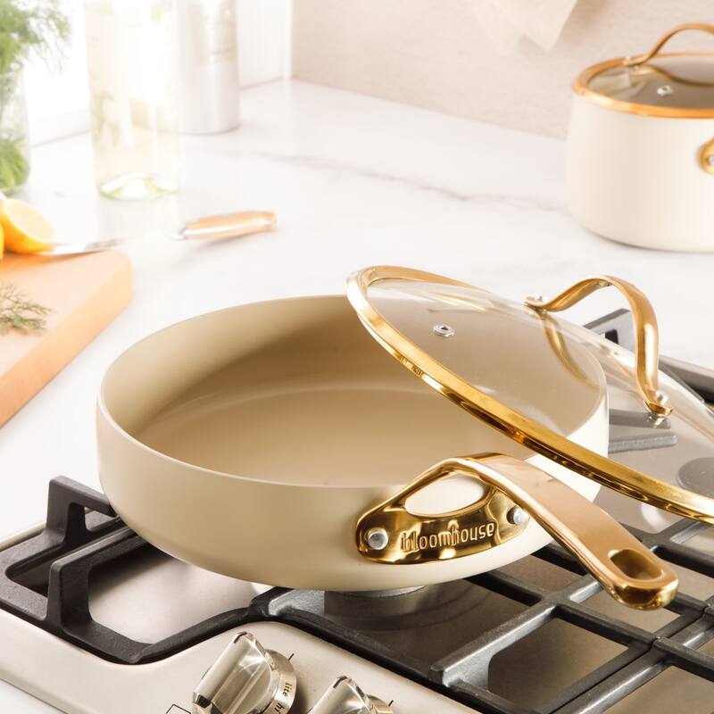 Bloomhouse 10 Inch Heavy Duty Aluminum Premium PFA Free Ceramic Nonstick Frying Pan Skillet with Lid - Almond Cream
