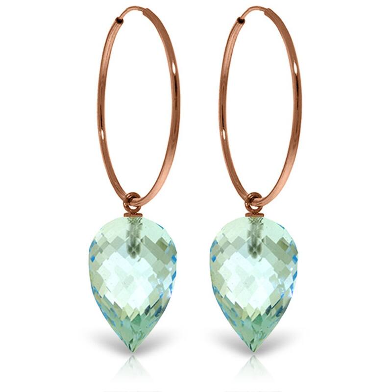 14K Solid Gold Hoop Earrings w/ Pointy Briolette Drop Blue Topaz - Rose