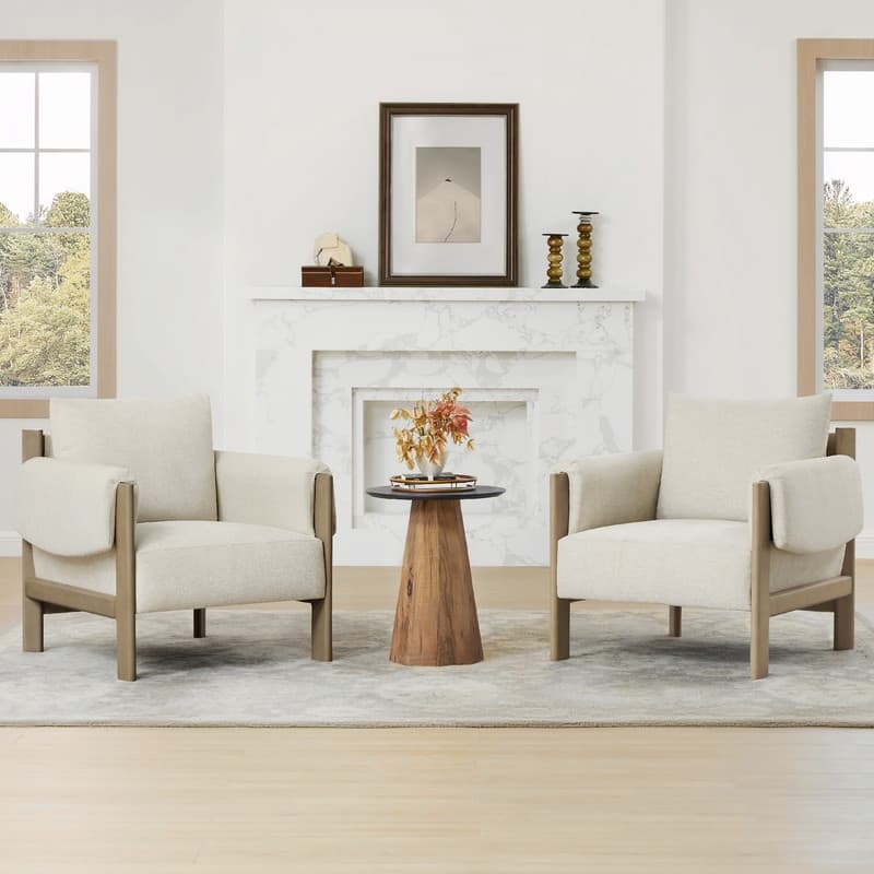 Carol Mid Century Modern Upholstered Accent Arm Chair with Wood Legs - Set of 2 - Linen&Grey Wood