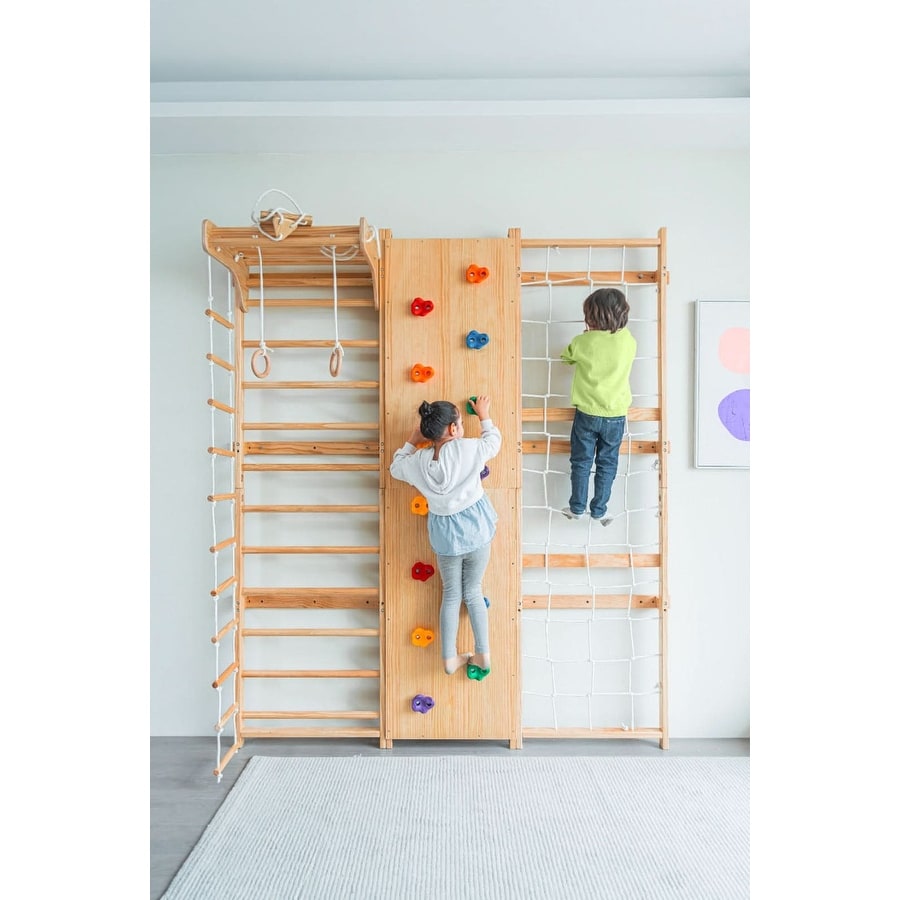 Walnut 9-in-1 Swedish Ladder Wall Gym | Indoor Wooden Climber & Activity Set for Kids - Natural