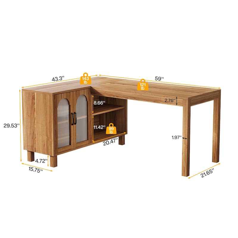 59 Inch L-Shaped Desk with File Cabinet and Storage Shelves, Corner Desk for Home Office