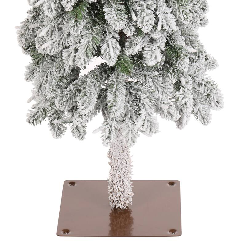 Glitzhome 4.5ft/6ft/7.5ft Pre-Lit Flocked Artificial Snowy Downswept Christmas Tree with Foot Pedal Control LED Lights