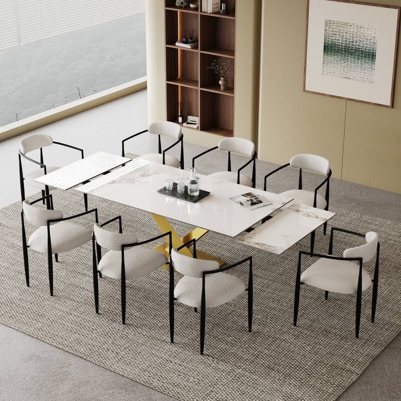 9 - Piece 94.48'' Modern Minimalist Extendable Sintered Stone Top Dining Set with 8 Fabric Chair
