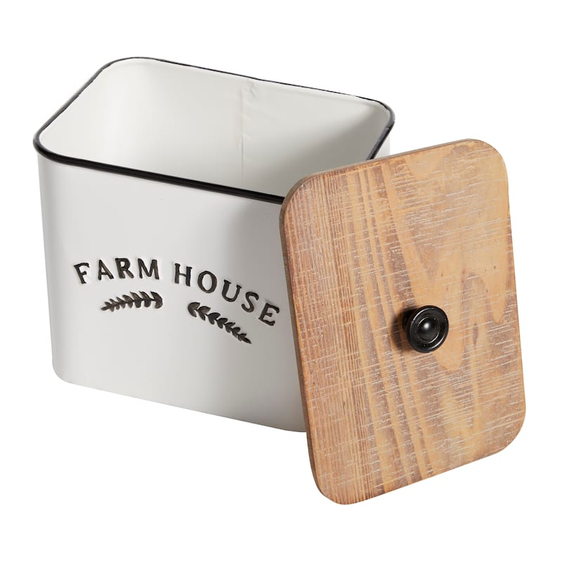 Metal Farm House Canisters with Wood Lids and Black Accents - Set of 3 White - Roche River Decor - 7"W x 10"L x 11"H
