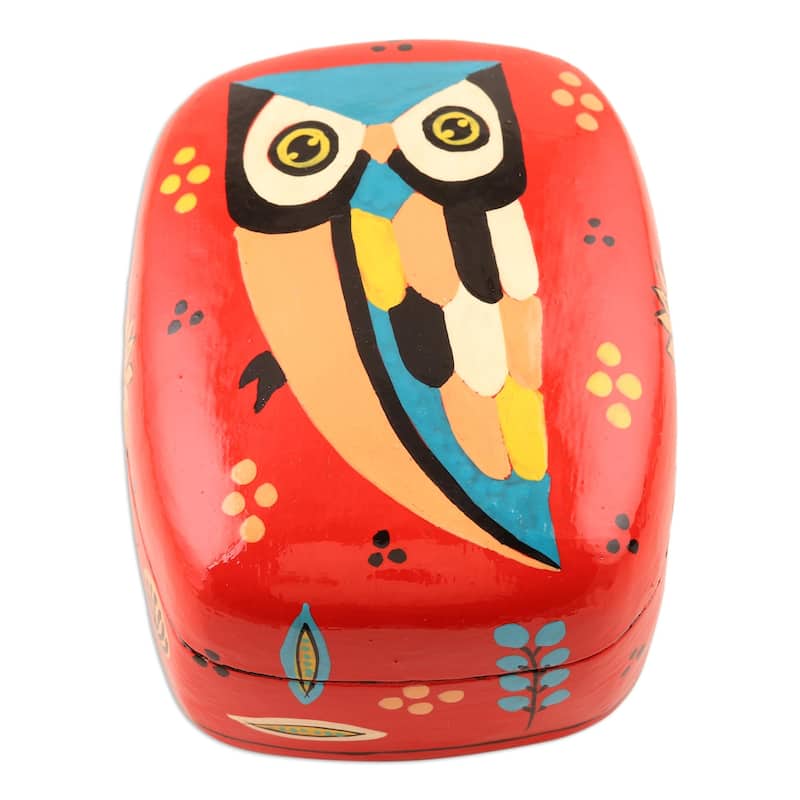 Novica Handmade Owl Story In Red Decorative Papier Mache Box