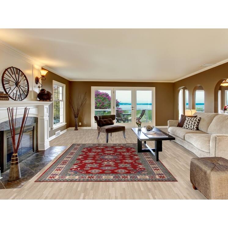 Red Geometric Kazak Oriental Area Rug Hand-Knotted Wool Carpet - 6'8" x 9'7"