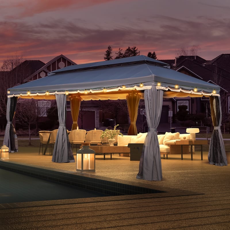 EROMMY Outdoor Canopy Gazebo Double Roof Patio Gazebo with Soft Top, includes Curtains