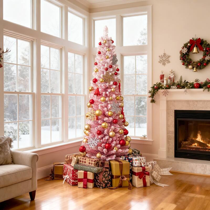 Pink Slim Christmas Tree with LED Lights and Snow-Flocked PVC Branches Included Metal Stand and Gloves