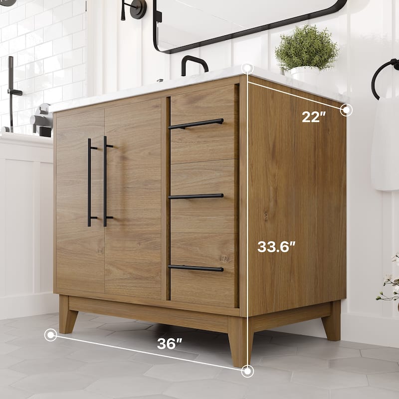 Eviva Graham 36"W Oak Bath Vanity with Arabescato Engineered Stone Top