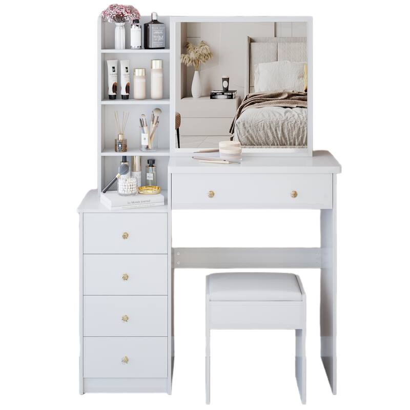 37" Full-Size Vanity Set with Sliding Mirror & Cushioned Stool