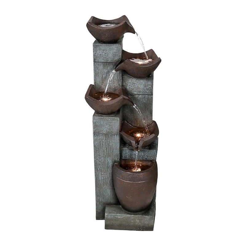 5-Tier Outdoor Water Fountains w/LED Lights Resin Fountain for Garden