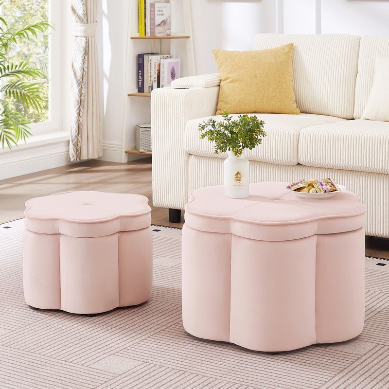 Set of 2 Flower Shape Petal Ottoman with Storage Upholstered Velvet Ottoman Bench