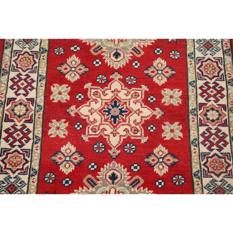 Kazak Oriental Accent Rug Hand-Knotted Red Geometric Wool Carpet - 2'8" x 4'2"