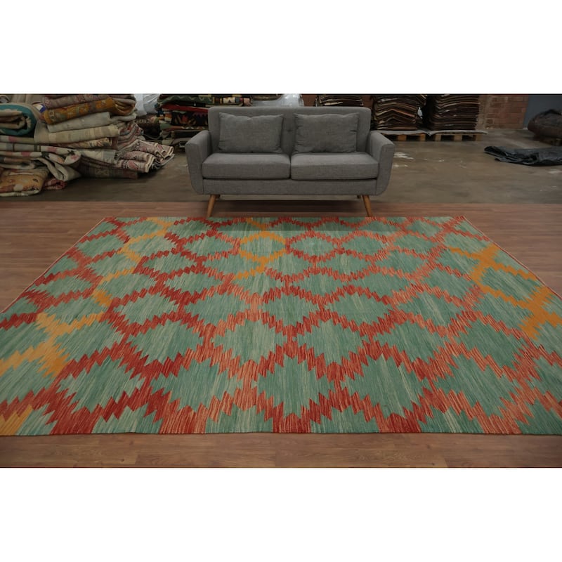 Hand Woven Oriental 100% Wool Carpet Southwestern Geometric Green Kilim Area Rug - 9' 11'' X 8' 4''