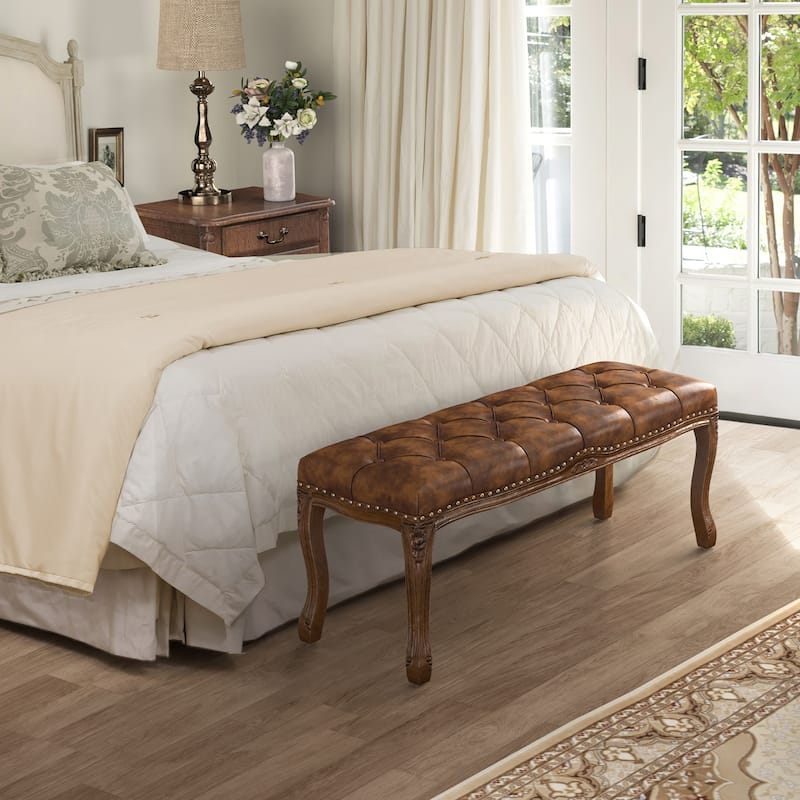 Retro Patterned Legs 45.2In.W Padded Bench - 45.2" W X 14.6" D X 18.3" H - Walnut color