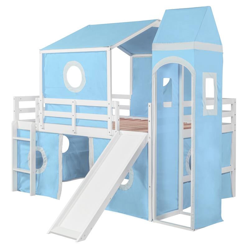 Kids Playhouse Loft Bed with Slide and Tower, Full Size Canopy Bed with Underbed Tent and Round Windows for Boys Girls