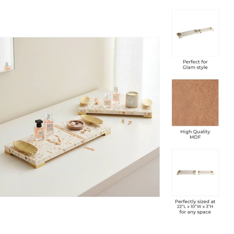 Rectangular Textured Tray with Metal Handles-Set of 2, 22", 18", White - 22.0"