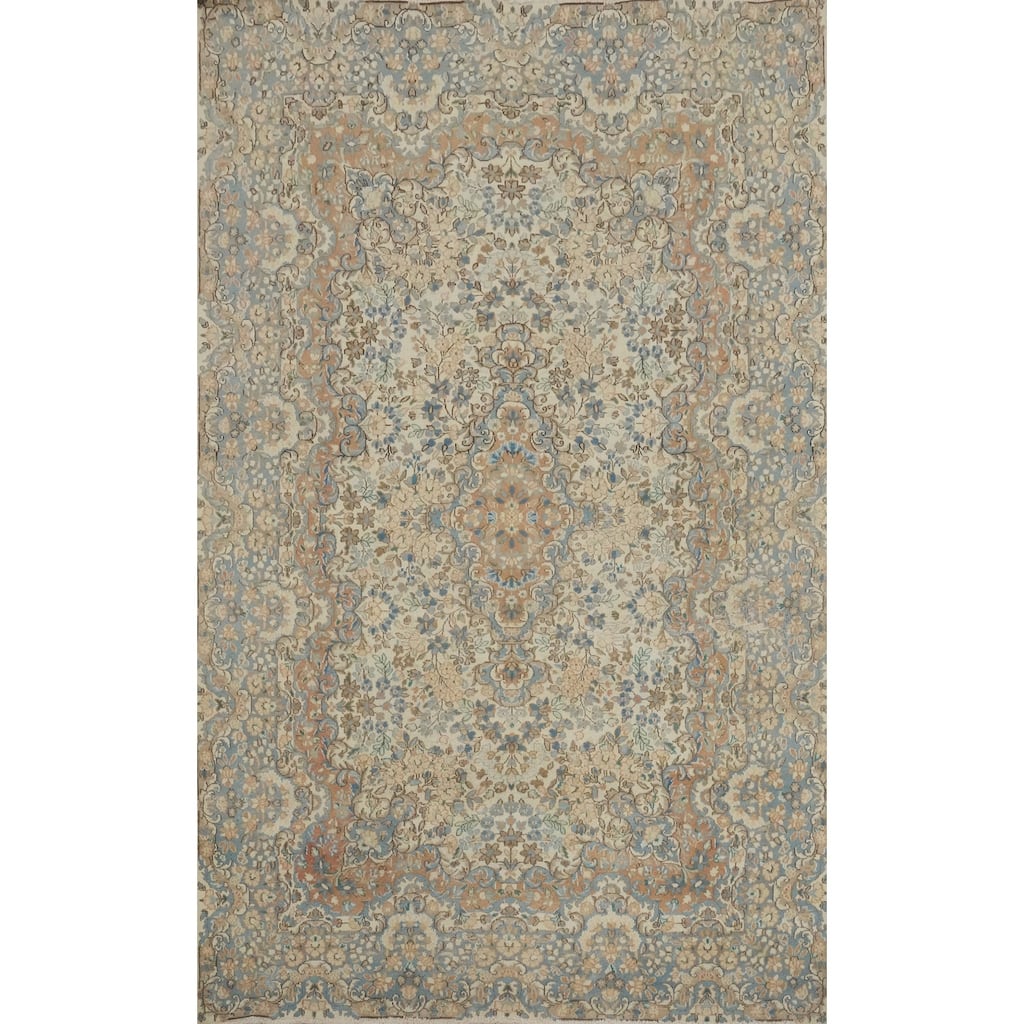Hand Knotted Oriental 100% Wool Carpet Traditional Floral Beige & Ivories Kerman Area Rug - 7' 6'' X 4' 10''