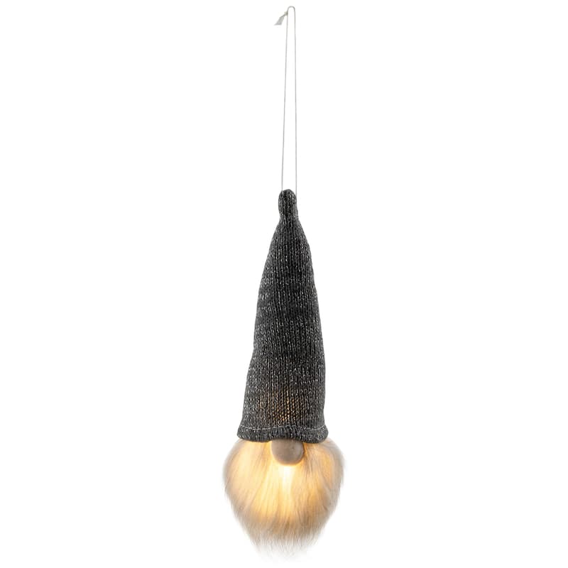 8" Lighted Metallic Gray Knit Gnome Head Christmas Ornament
