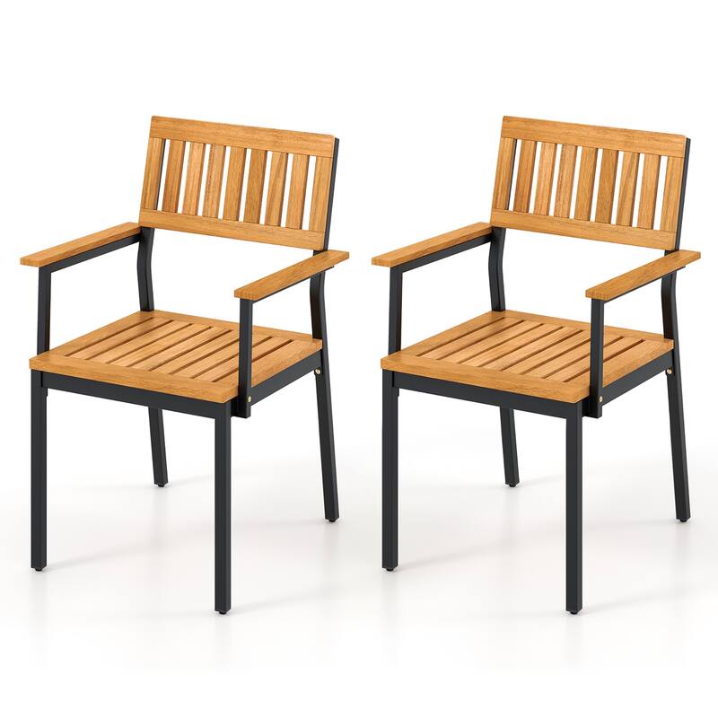 Gymax Dining Chair Set of 2 w/Acacia Wood Backrest Slanted Seat - Natural, Black - Set of 2
