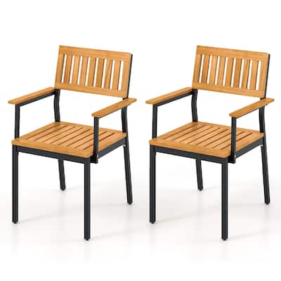 Gymax Dining Chair Set of 2 w/Acacia Wood Backrest Slanted Seat
