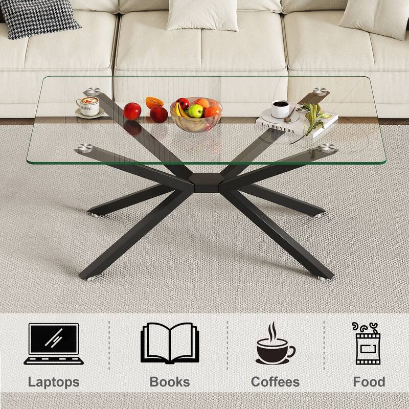 Stylish Rectangular Glass Coffee Table with Sturdy Metal Legs for Various Rooms - Black and Transparent