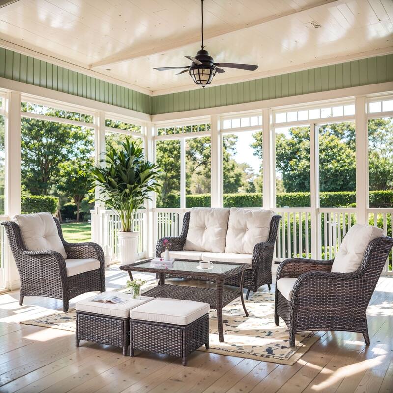 Outdoor Glider Sofa Funitre Set - Brown Rattan - Beige Cushion - 5PCS Sofa Patio Chair Table and Ottoman