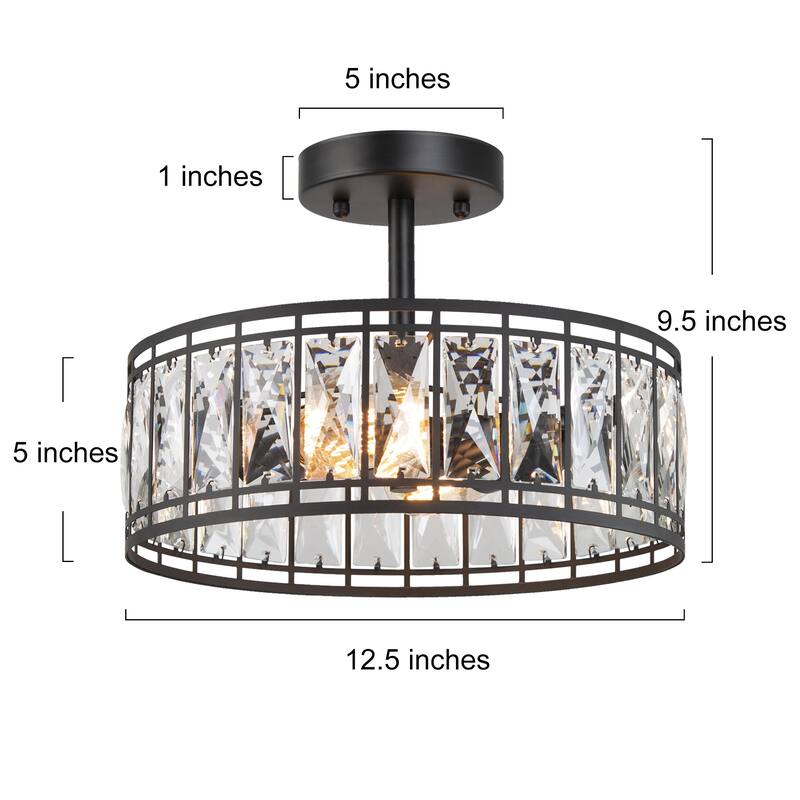Aulia Modern Crystal 2-Light Drum Semi Flush Mount Black Ceiling Light - 12.5'' D x 9.5'' H