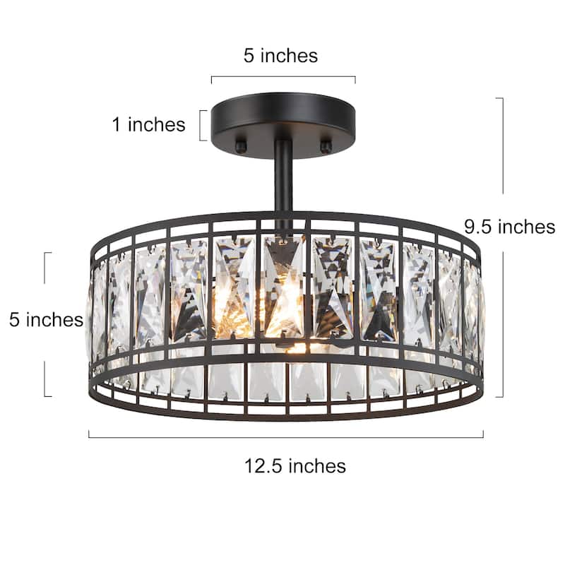 Modern Glam 2-Light Crystal Metal Drum Semi Flush Mount Light - D 12.5"x H 9.5"