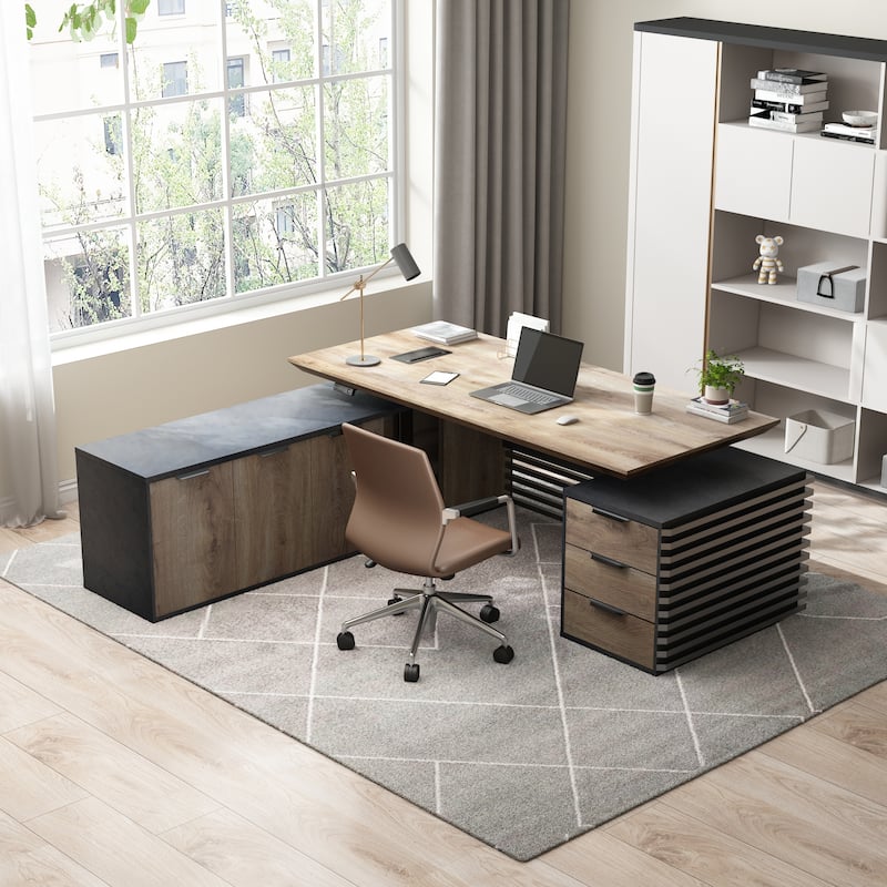 Adjustable Height Executive L Shaped Standing Desk w/ Cable Box Drawers Cabinets Outlet - 86.6" - Multi-Left Return