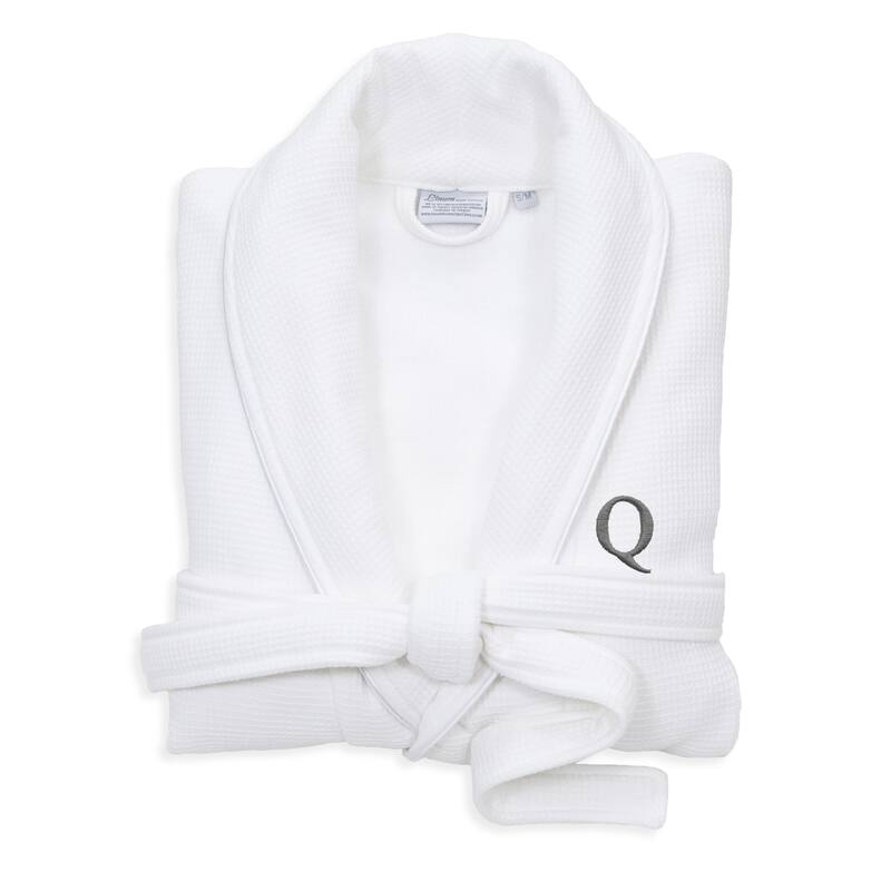 Authentic Hotel and Spa White Unisex Turkish Cotton Waffle Weave Terry Bath Robe with Grey Block Monogram - L/XL - Q