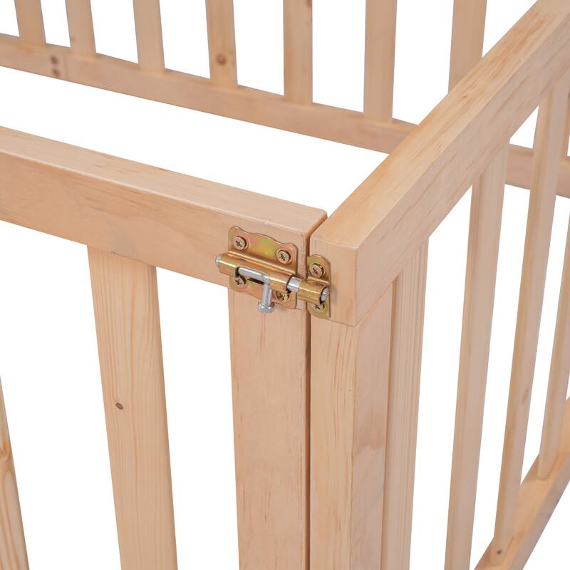 Versatile Wooden Floor Bed Frame without Slats, Solid Pinewood Kids Bed Frame with Fence and Door