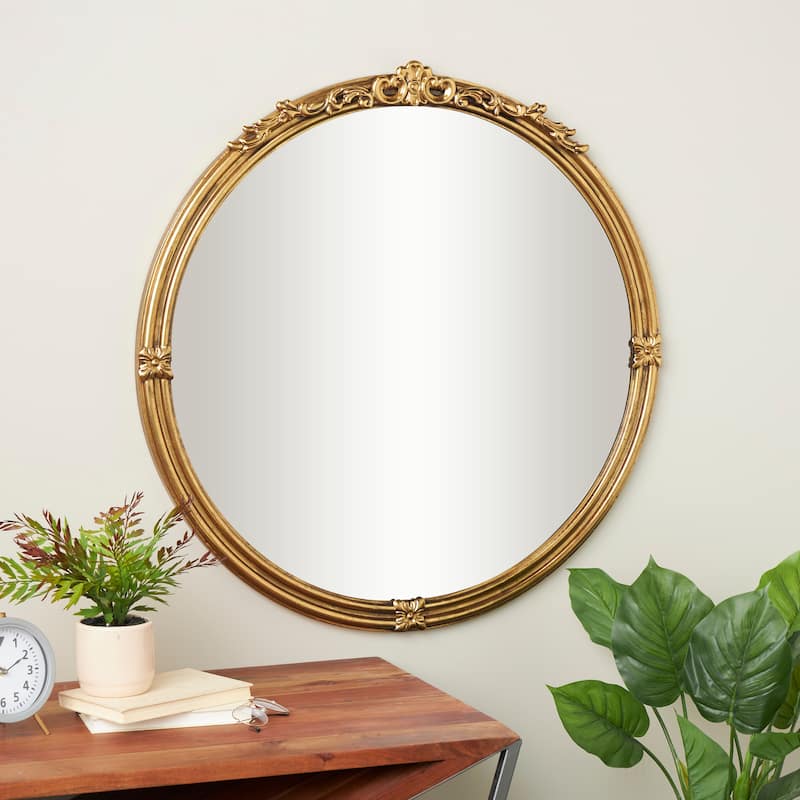 Gold Metal Layered Frame Scroll Room Wall Mirror with Floral Accents - Gold