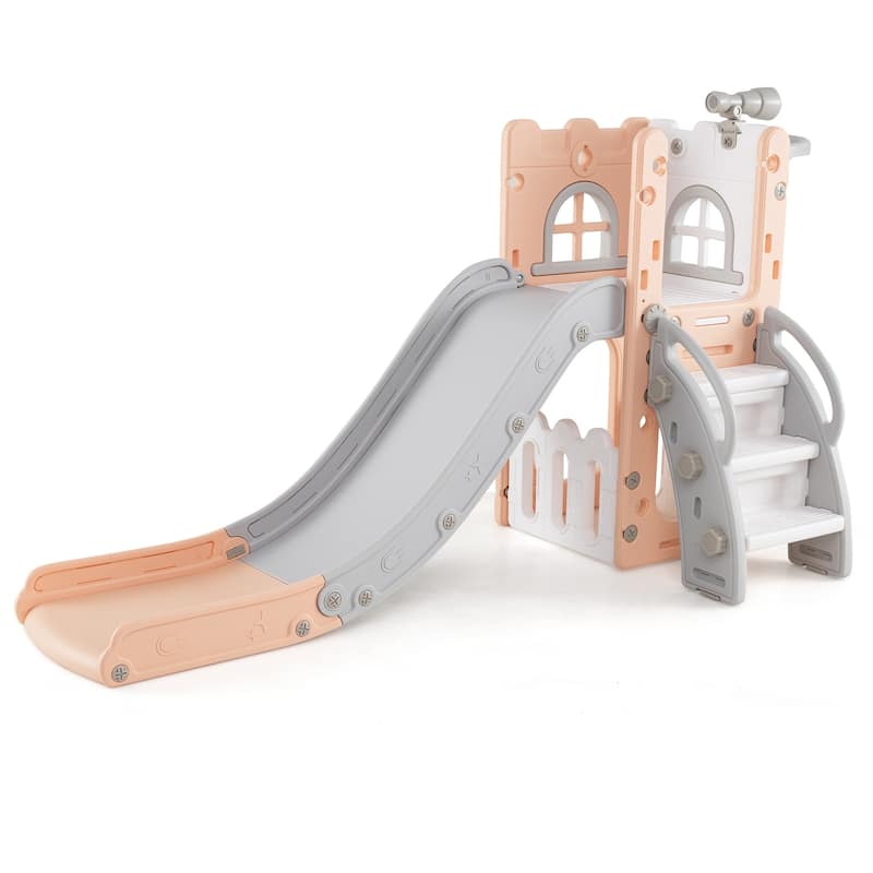 6 in 1 Toddler Slide and Playset for Kids with Basketball Hoop Climber Telescope and Storage - 27" x 57" x 33.5" (L x W x H) - Pink
