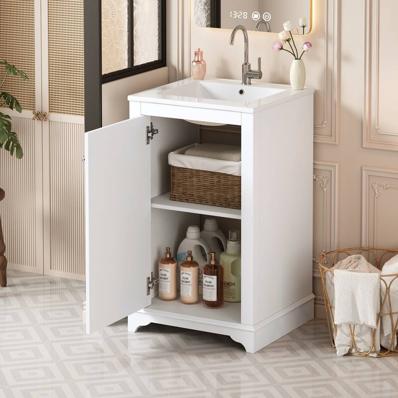 20" Bathroom Vanity with Ceramic Sink - Soft Closing Door, Adjustable Shelf, Freestanding Modern Single Vanity