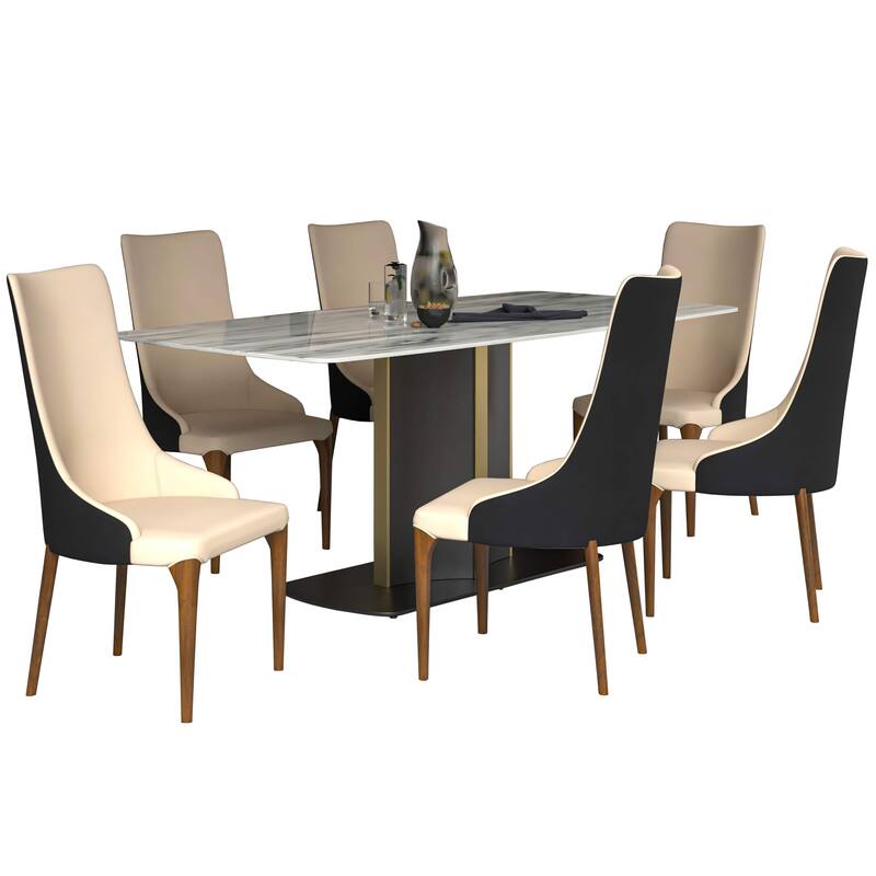 7-Piece Dining Set with 55-Inch Sintered Stone Dining Table and 6 Velvet/Leather Accent Side Chairs