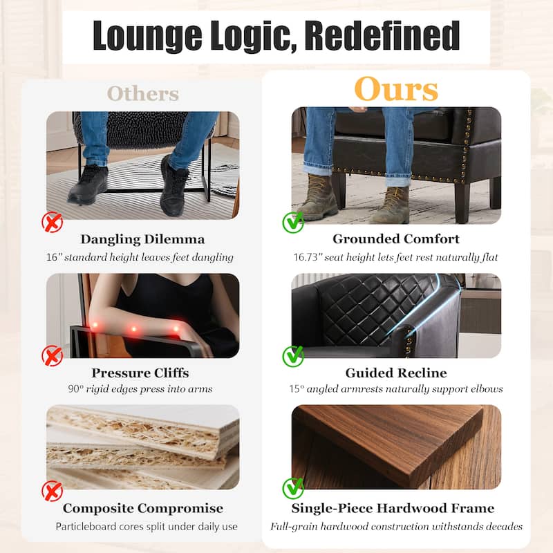 HOMEFUN Leather Upholstered Nailhead Wooden Frame Barrel Club Chair with Solid Woood Legs