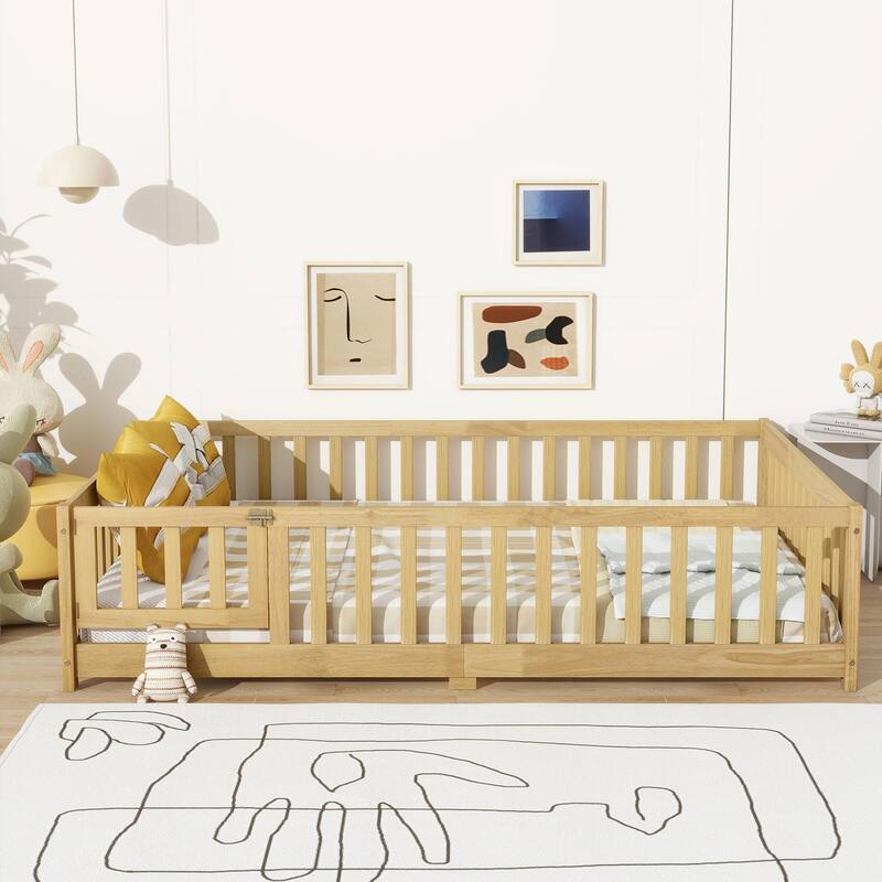 Floor Bed with Fence and Door, Rubber Wood Floor Bed with Safety Guardrails