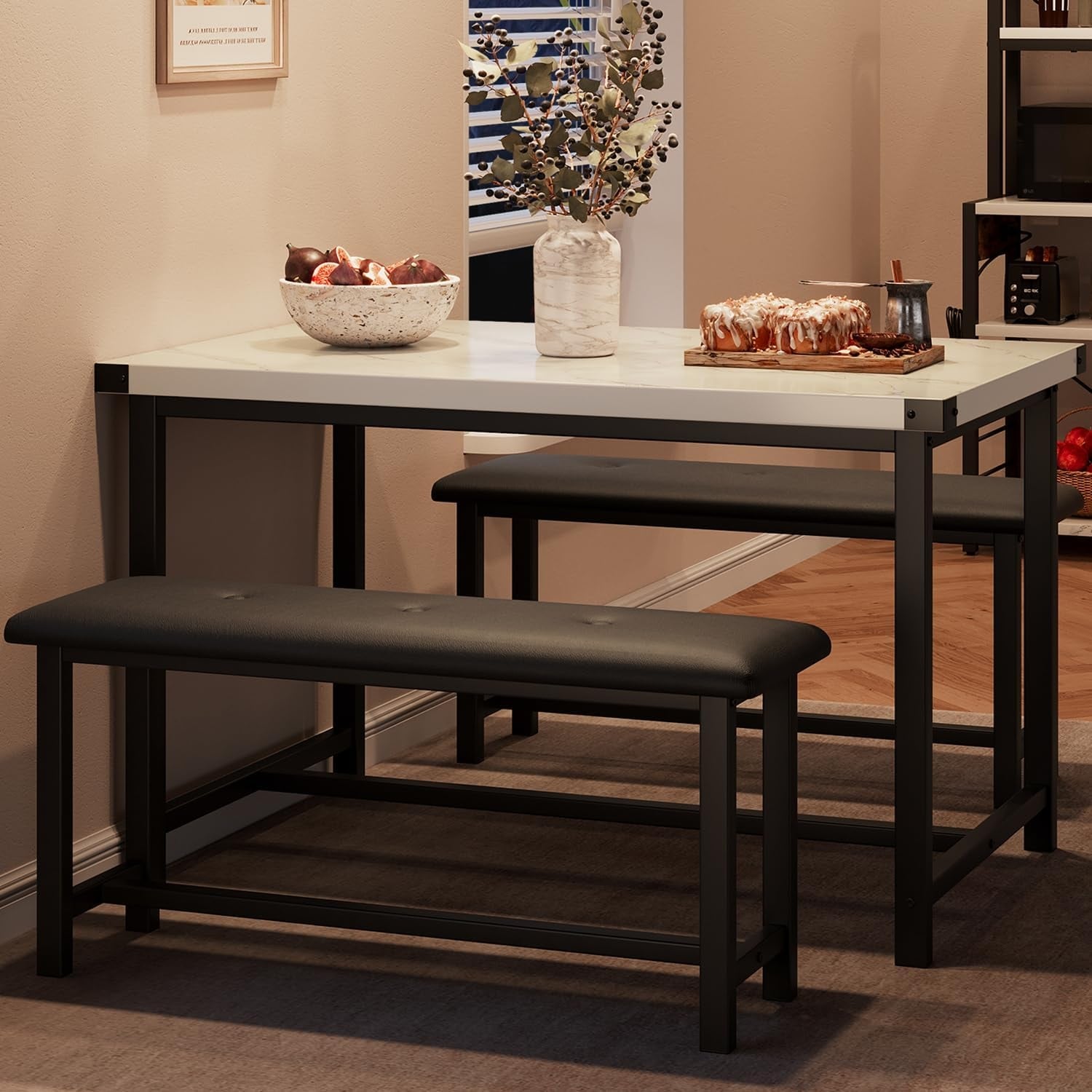 4-Piece Dining Table Set with 2 Upholstered Benches, Space-Saving Design for Small Spaces, Marble White Finish