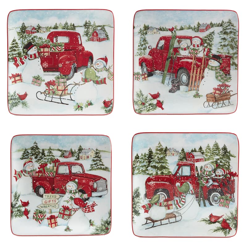 Certified International Red Truck Snowman 16 pc Dinnerware Set, Service for 4