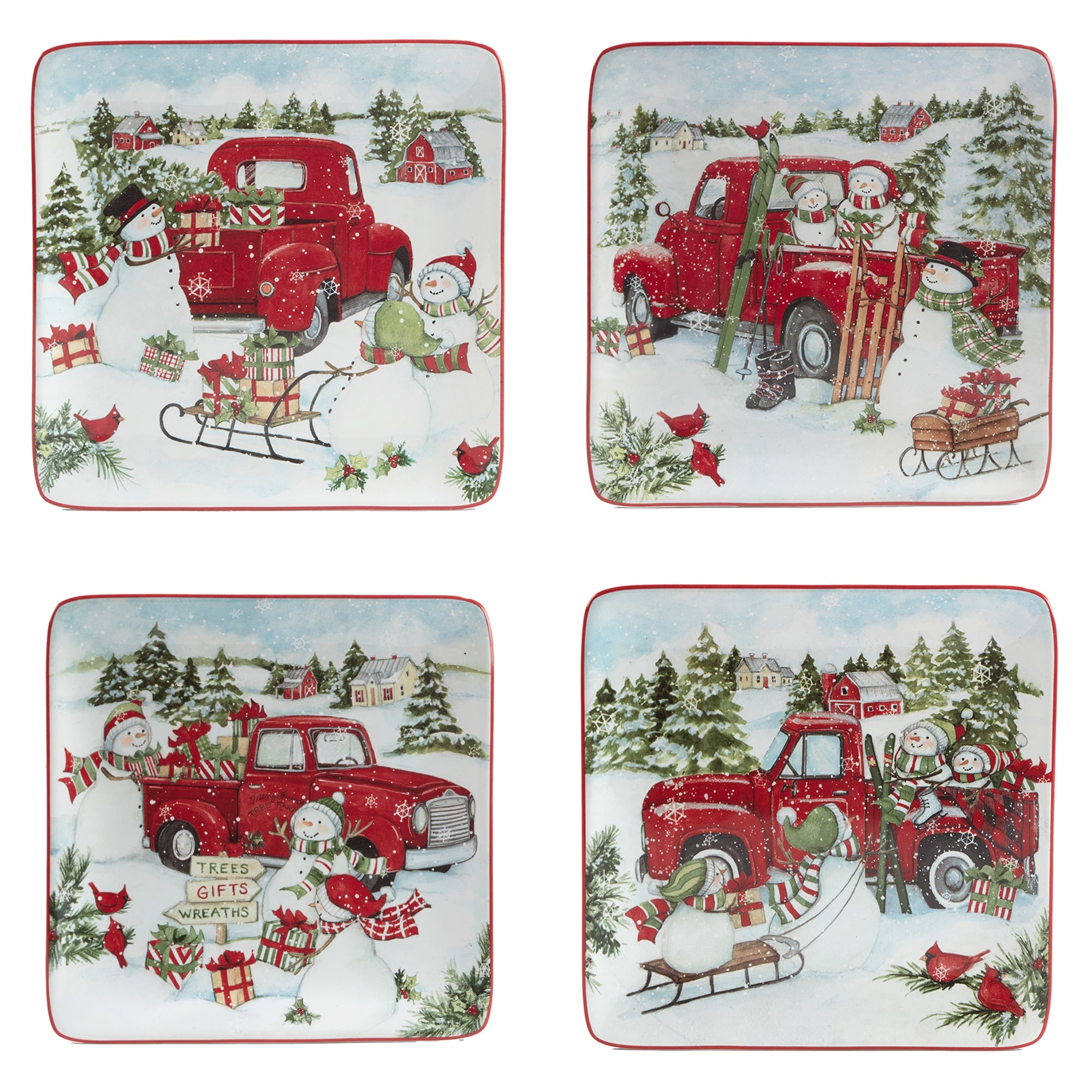 Certified International Red Truck Snowman 8.5" Salad/Dessert Plates, Set of 4