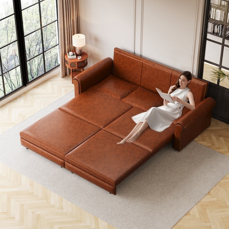 93.7" King Pull Out 3-in-1 Faux Leather Convertible Sleeper Sofa Bed with Nailhead Trim and Rolled Arm