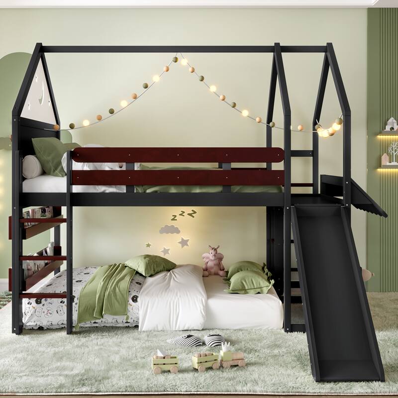 Full Size Loft Bed with Bookshelf, Playful Design for Kids, House-Shaped Structure with Slide High-Quality Safety Rails