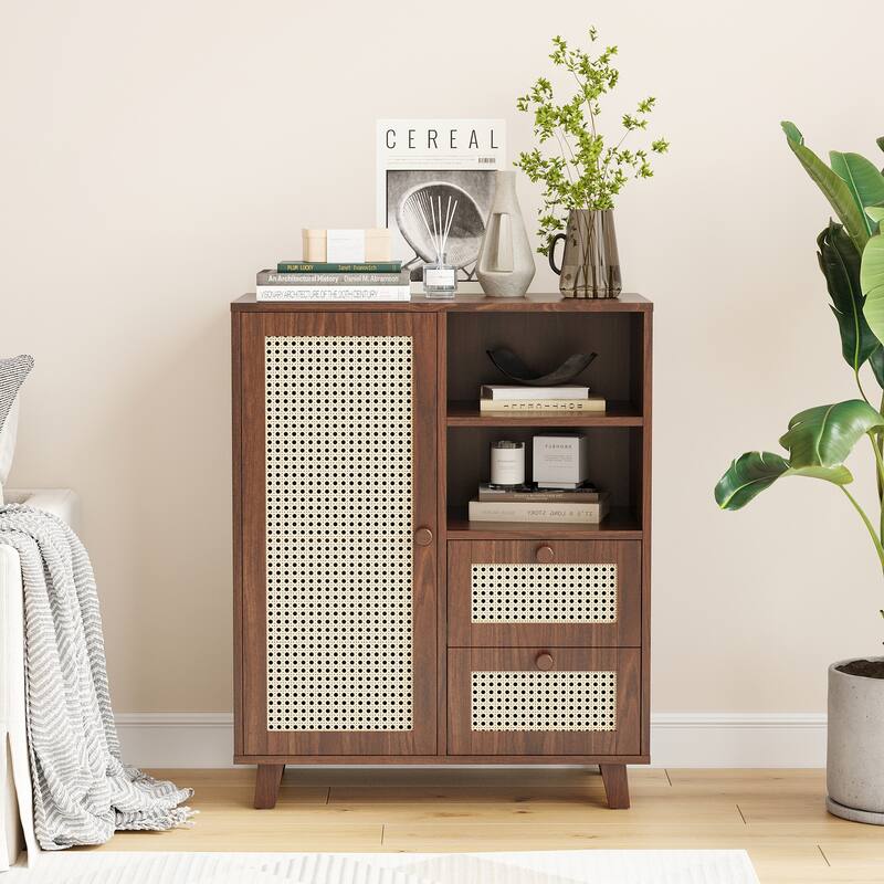 Rattan Buffet Cabinet with Adjustable Shelf, Sideboard with Drawers for Living Room, Kitchen, Entryway