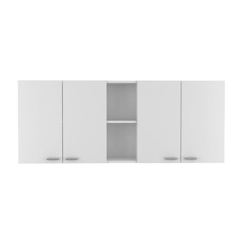 Wall Cabinet with 4 Doors, 2 Open Shelves, Built-In Dish Rack, and Glass Organizer for Kitchen