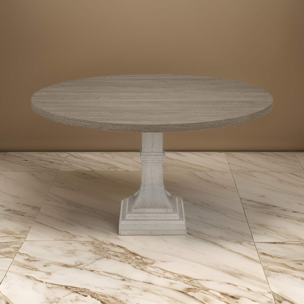 Sane 59 Inch Dining Table, Round Top with Pedestal Base, White, Gray