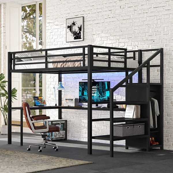 slide 2 of 23, Metal Full /Queen Size Loft Bed with L-shaped Desk and USB,Wardrobe and LED for Kids Bedroom Full