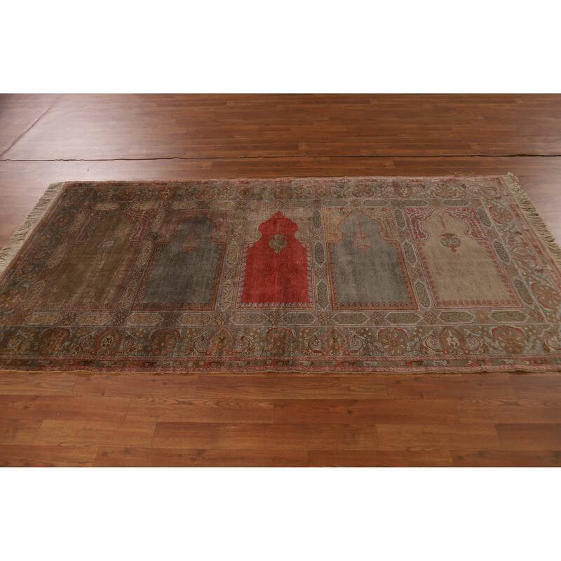 Hand Knotted Oriental Silk Carpet Transitional Geometric Multi-Colored Anatolian Area Rug - 7' 6'' X 4' 0''
