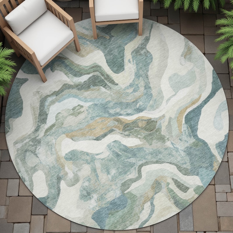 Machine Washable Indoor/Outdoor Modern Brushstrokes Chantille Rug - Teal - 8' x 8'